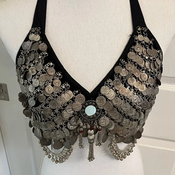 Black Halter Top with Silver Coin Embellishments Tribal Bellydance Large - Picture 2 of 13